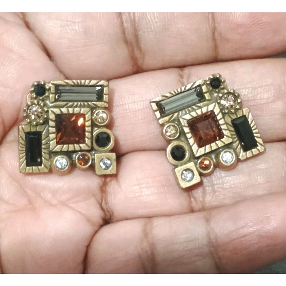 Patricia Locke Gold Tone Geometric Square Multicolor Crystal Clip On Earrings